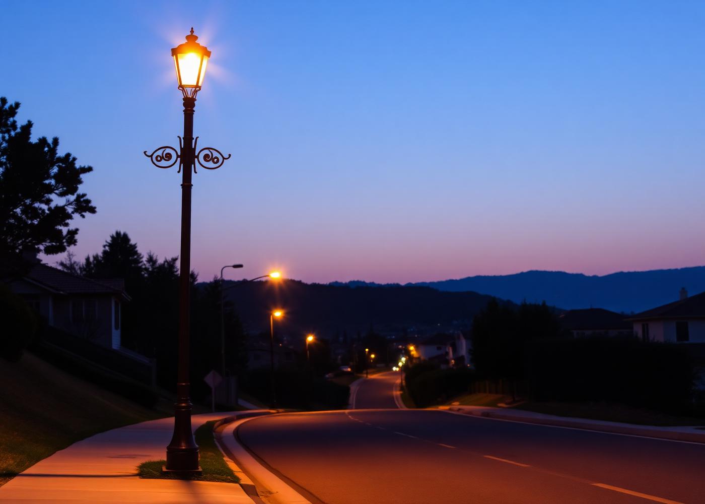 Decorative perimeter streetlight at twilight